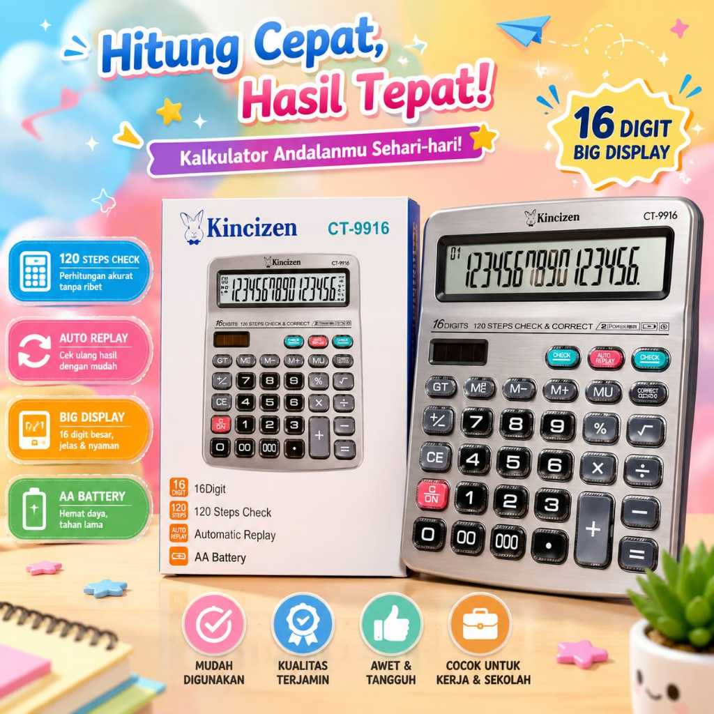 Kincizen Kalkulator Dagang Besar 16 Digit Solar CT-9916 16 DIGIT 9916 Murah Jumbo