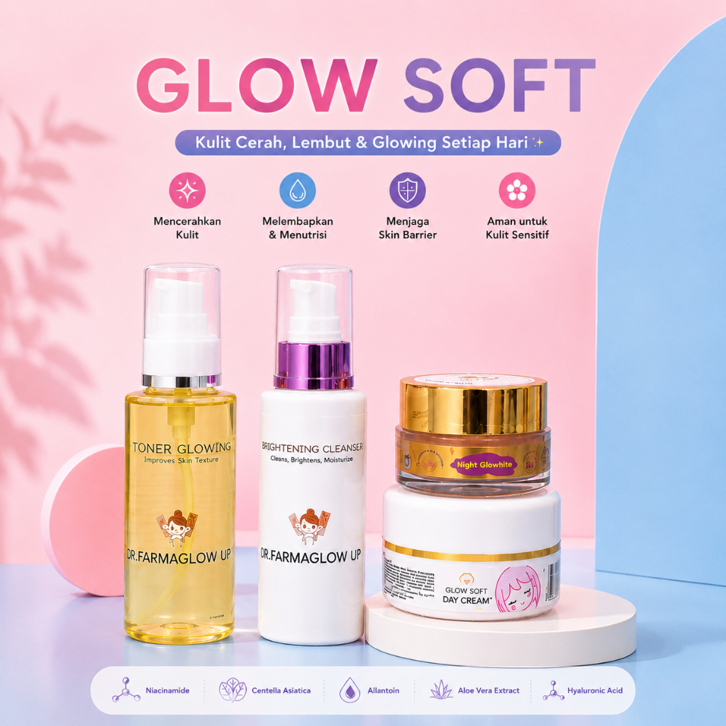 DR FARMA Glow Soft Skincare Original | Paket Skincare Brightening 4in1 | Facial Wash Toner Day Cream