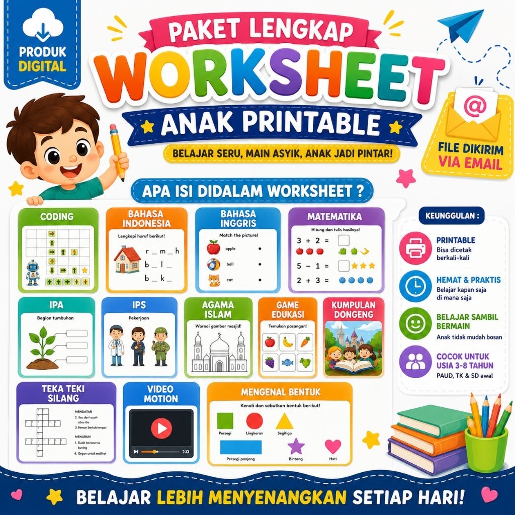 PAKET LENGKAP WORKSHEET ANAK USIA DINI LEMBAR KERJA ANAK WORKSHEET PAUD WORKSHEET TK WORKSHEET SD MA