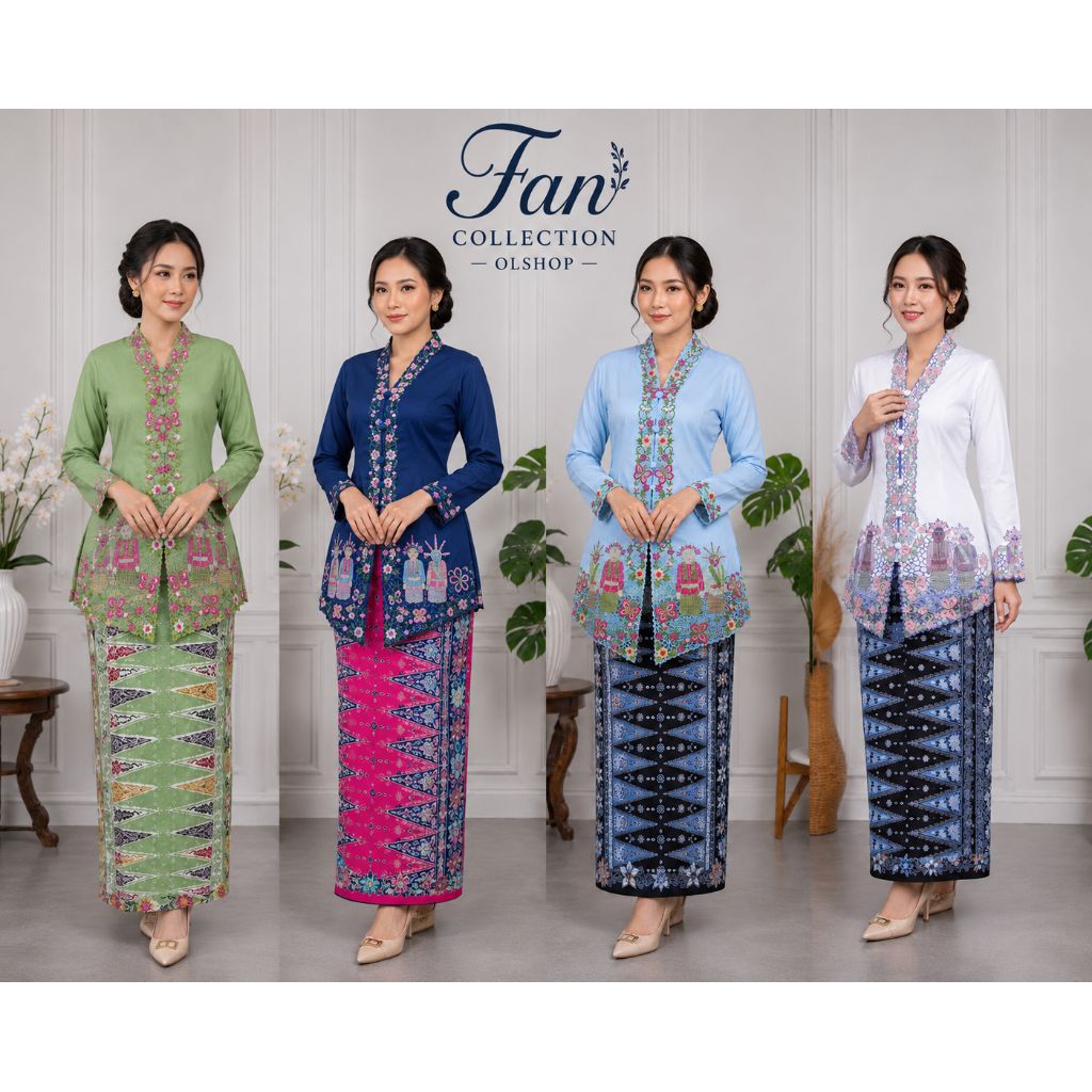 Set Kebaya Encim Wanita Motif Ondel-Ondel Bordir + Rok Batik Kebaya Betawi Modern Setelan Kebaya Ond