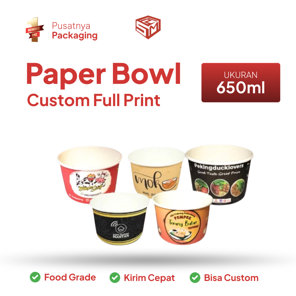 Custom Paper Bowl 650 ml | Custom Cetak Bowl Mangkok Kertas Free Design Full Print I Bowl + Tutup