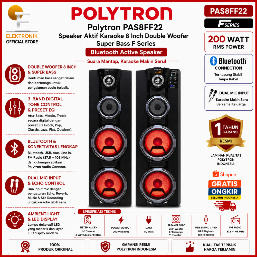 Polytron PAS8FF22 Speaker Aktif Karaoke 8 Inch Double Woofer Super Bass F Series Bluetooth Active Sp