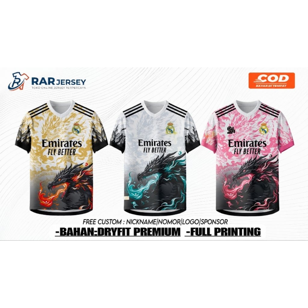 JERSEY FANTASI REAL MADRID MOTIF NAGA BAHAN DRYFIT PREMIUM FREE NAMA DAN NOMOR