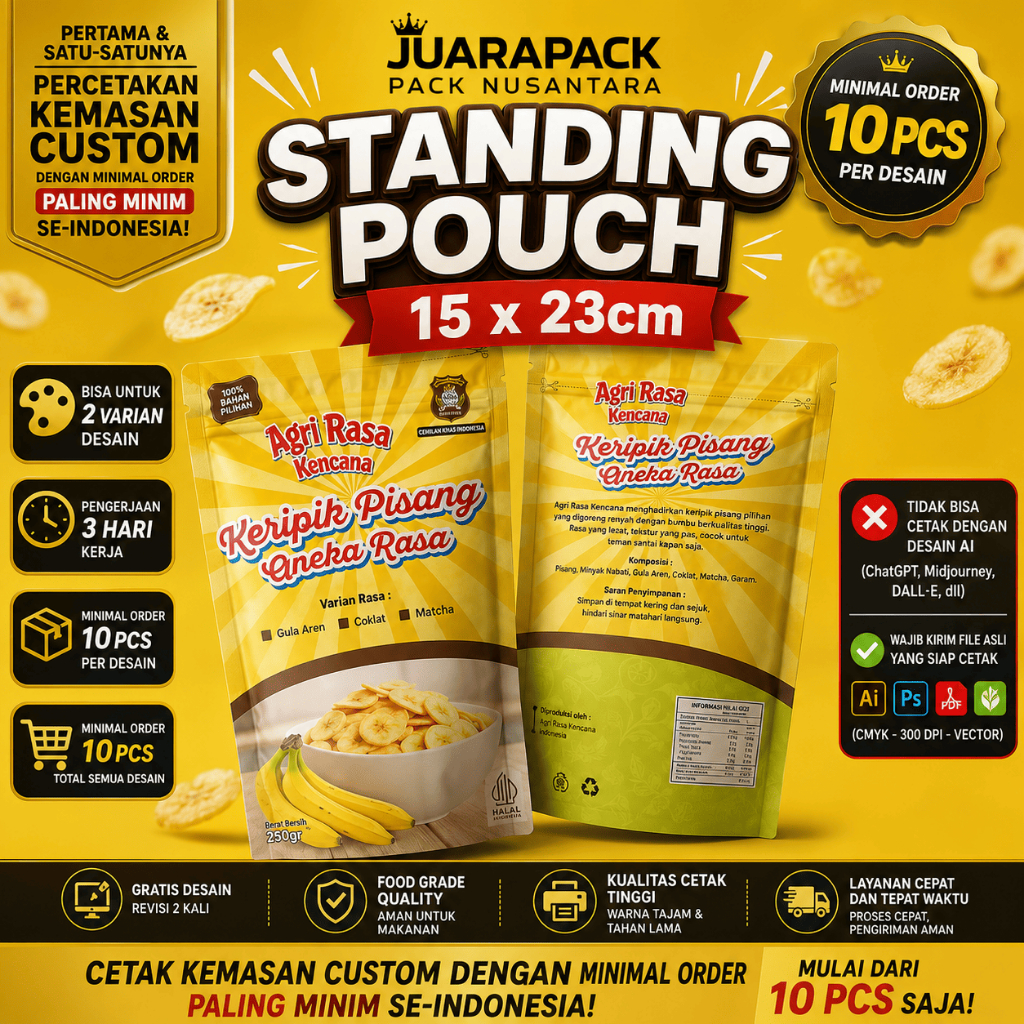 Min Cetak 10pcs Kemasan Standing Pouch Custom Ukuran 15x23cm