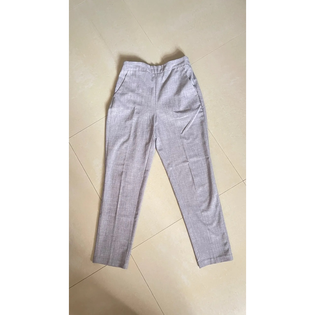 GU Women's Grey Long Straight Pants Celana Lined Formal Soft Pattern Office