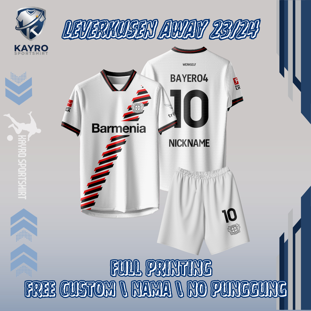 Jersey Bola Bayer Leverkusen Away 2023/2024 Dry Fit Full Printing Free Custom nama dan No punggung