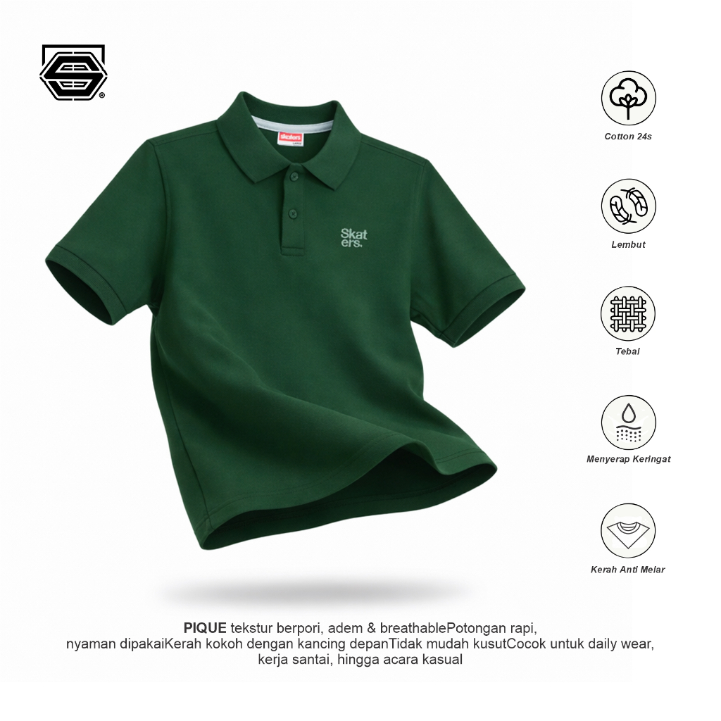 Skaters Kaos Polo Shirt Cotton Bordir Pria/Wanita – T-Shirt Kerah Lengan Pendek Prime YB034 Dk Green