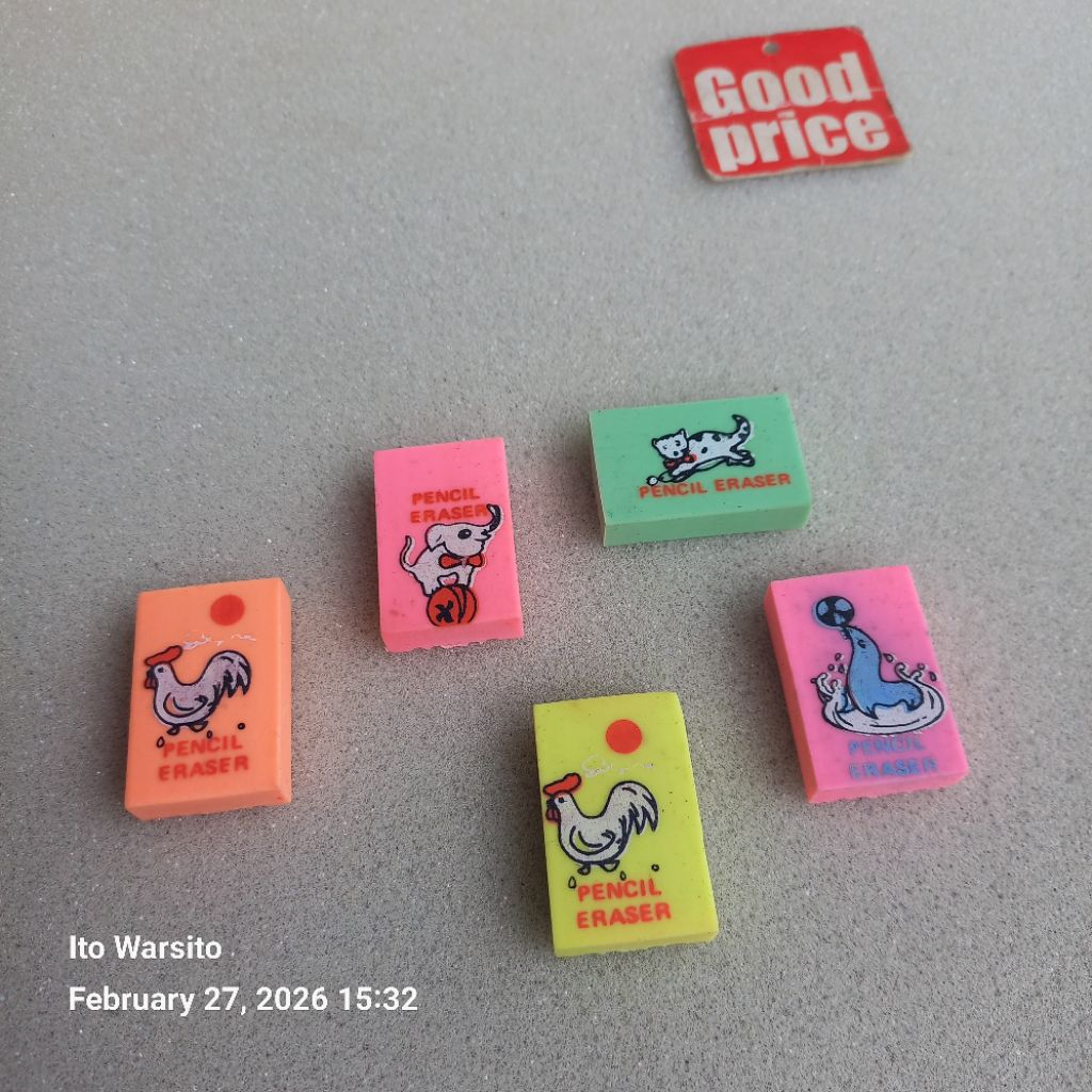 Penghapus pensil jadul warna warni 5 pcs.