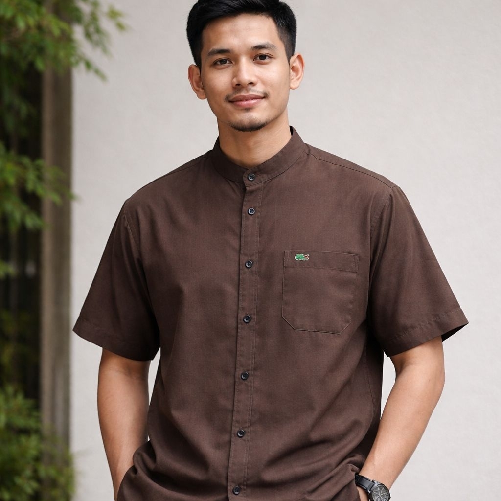 Kemeja koko pria warna mahogany polos kerah sanghai lengan pendek premium