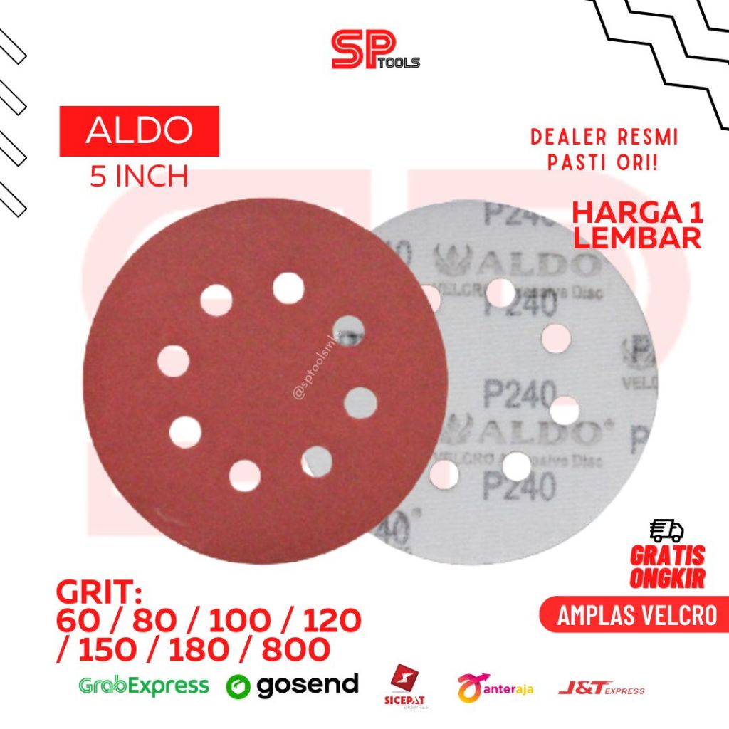 AMPLAS BULAT VELCRO / PEREKAT 5" 5 INCH / AMPLAS KAYU GRIT 60 / 80 / 100 / 120 / 150 / 180 / 800 ALD