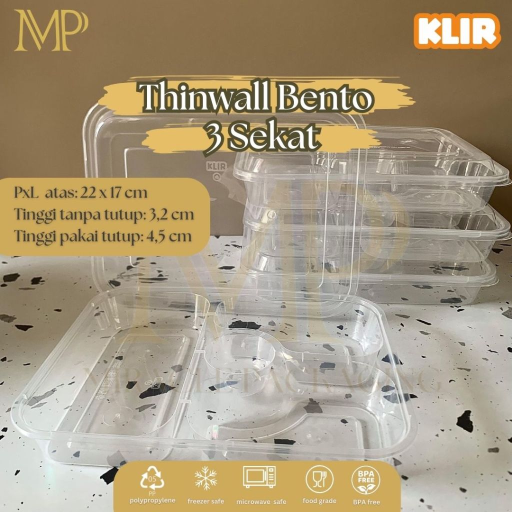 Thinwall Bento Sekat 3 KLIR / Bento Box Sekat 3 / Kotak Makan Bento + Tutup 25 pcs