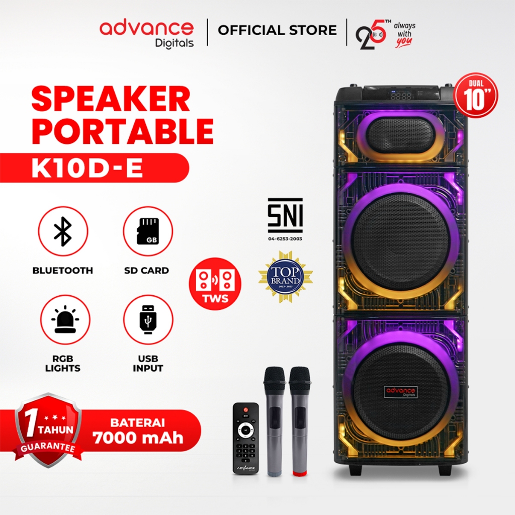 Advance K10D-E Speaker Portable Bluetooth Double 10 Inch Garansi Resmi 1 Tahun