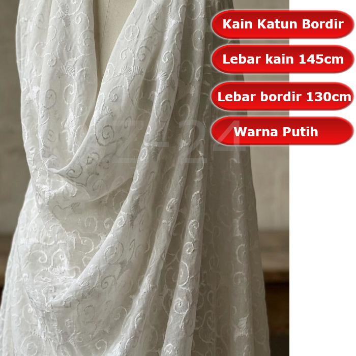 Kain Katun bordir PREMiUM warna putih lebar 145cm per meter
