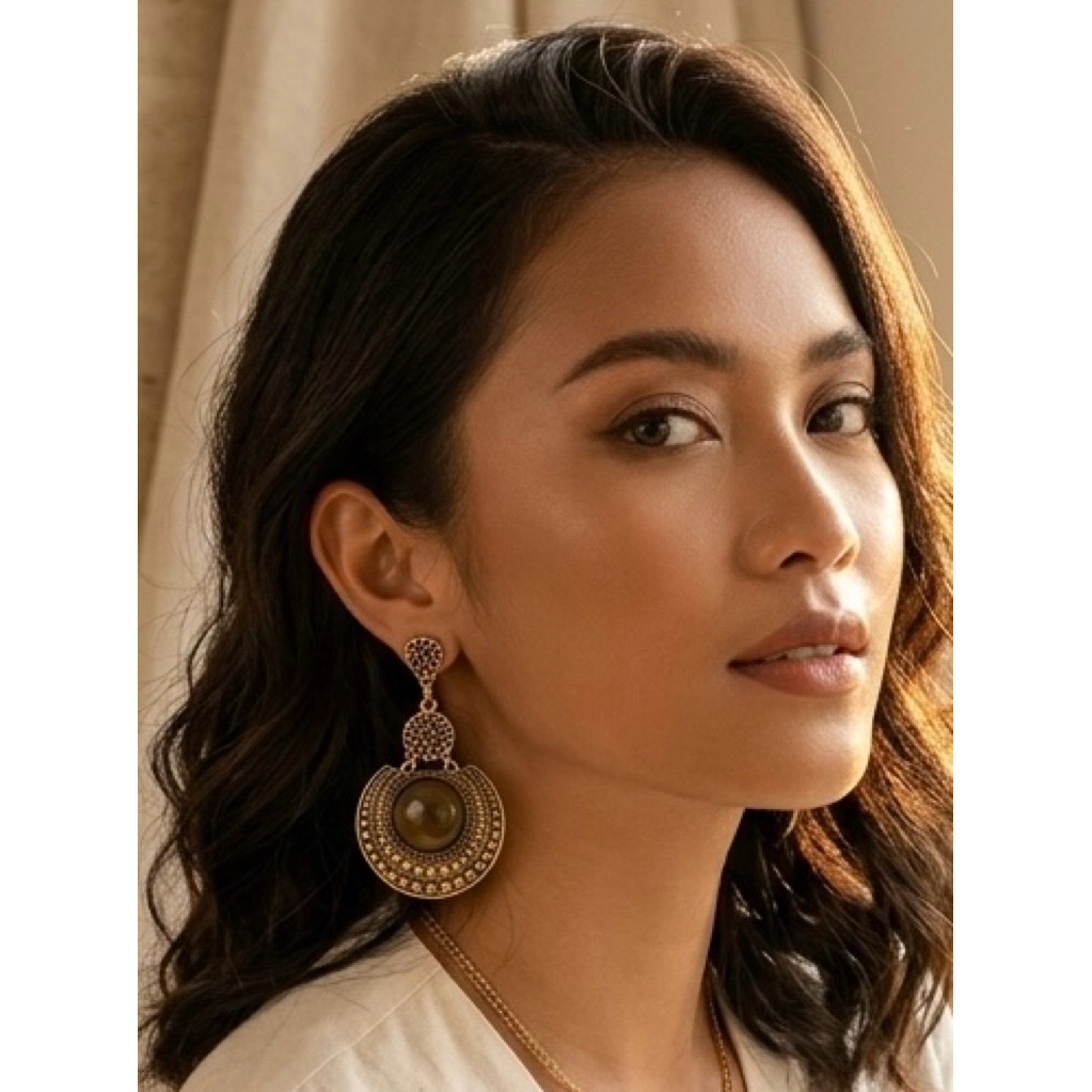 Anting Gantung Etnik Bohemian - Chandbali Gold Stone Vintage - Aksesoris Kondangan Wanita Retro Chic