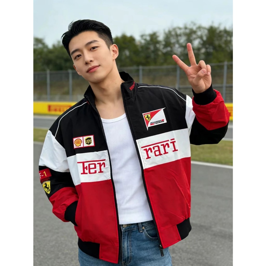 GR Jaket Ferrari F1 Style Jacket Varsity Lengan Panjang Terbaru