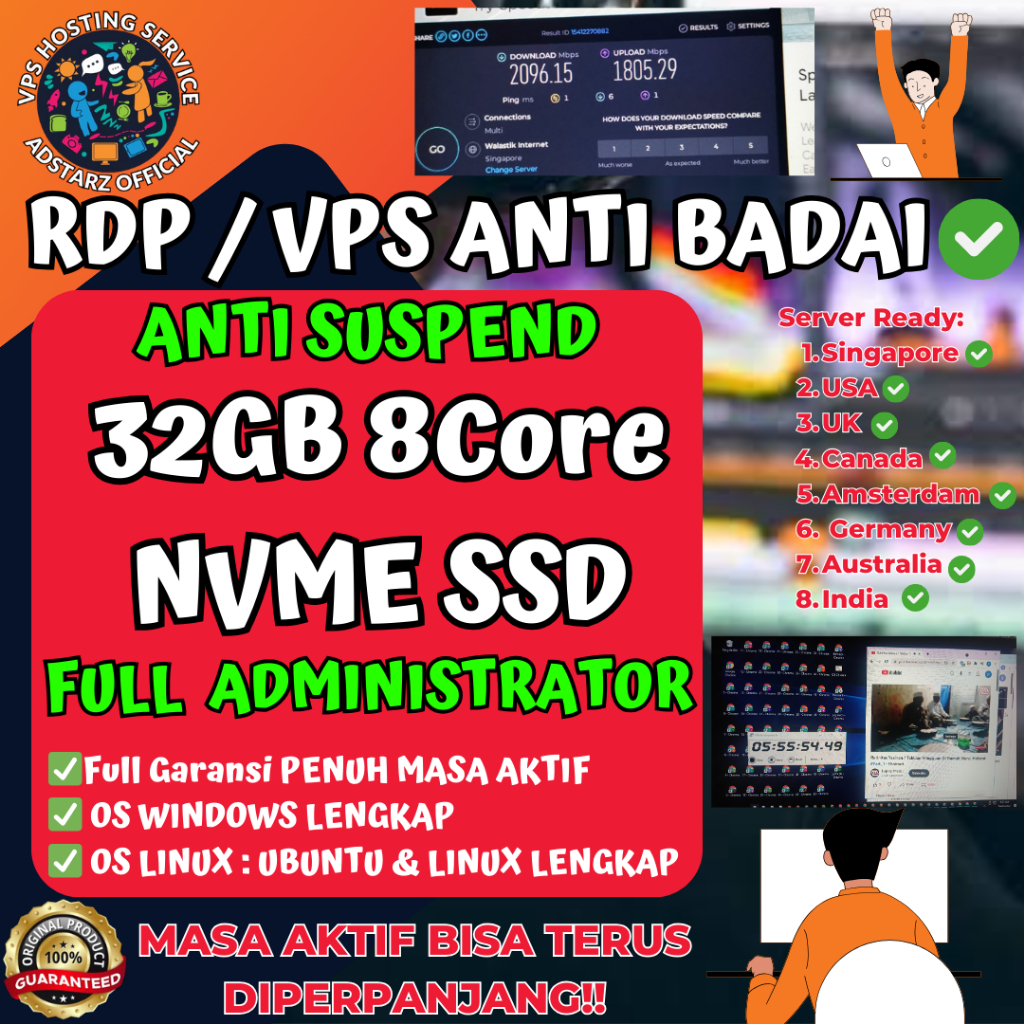RDP / VPS 32GB 8CORE Harian Windows Ubuntu Debian Full root & Full Administrator & Full Garansi