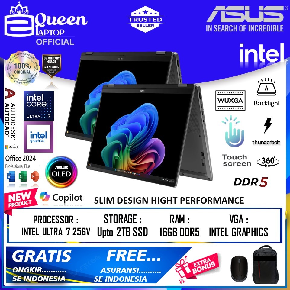 Laptop FLIP Asus Vivobook 14 FLIP OLED TP3407SA INTEL CORE ULTRA 7 256V 16GB DDR5 1TB WUXGA TOUCH BL