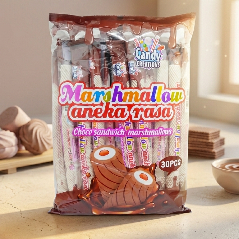Marshmallow Kepang / Marshmallow Panjang Rasa Coklat Isi 30pcs