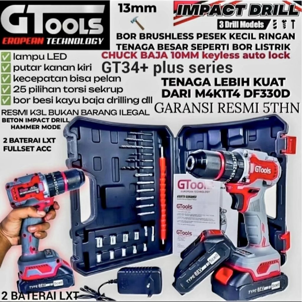 Bor baterai 13mm impact drill GT34+ GTools brushless