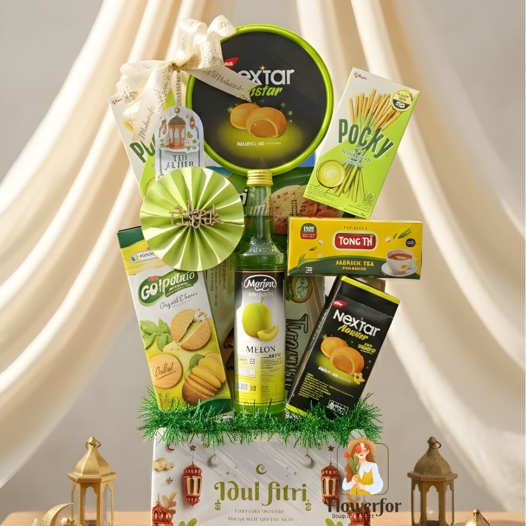 Parcel Green tower ukuran Pas - Parcel / hampers hijau isian snack dan sirup