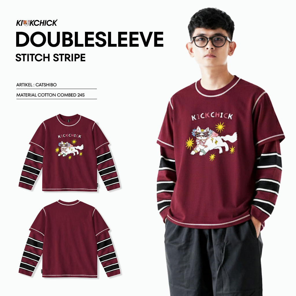 Kickchick Doublesleeve Stitch Stripe Catshibo Maroon | Kaos Atasan | Lengan Panjang Unisex | KC-DS-S
