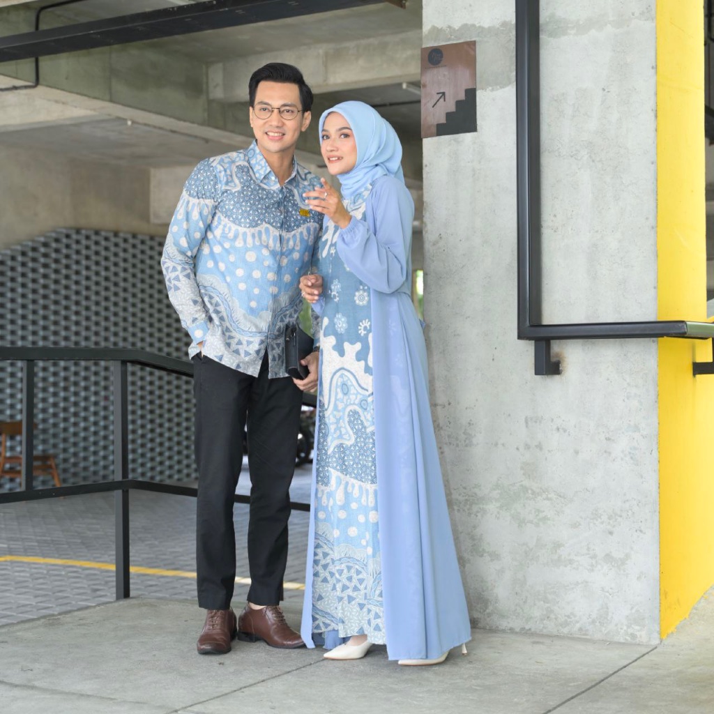 DALOLODA Couple Maxy Dress Mawa Serambit gamis kemeja Batik jumbo furing Biru muda