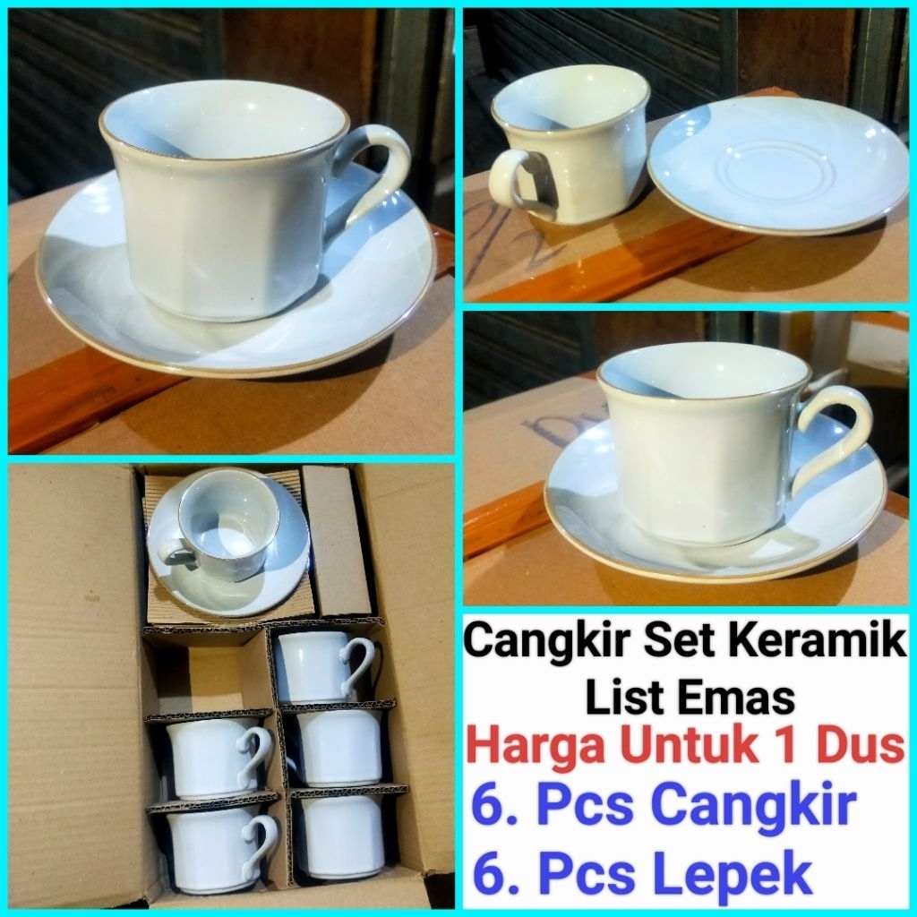 cangkir kopi cangkir set keramik PUTIH LIST EMAS SEGI gelas kopi keramik Harga untuk 1 Dus (Isi 6 Se