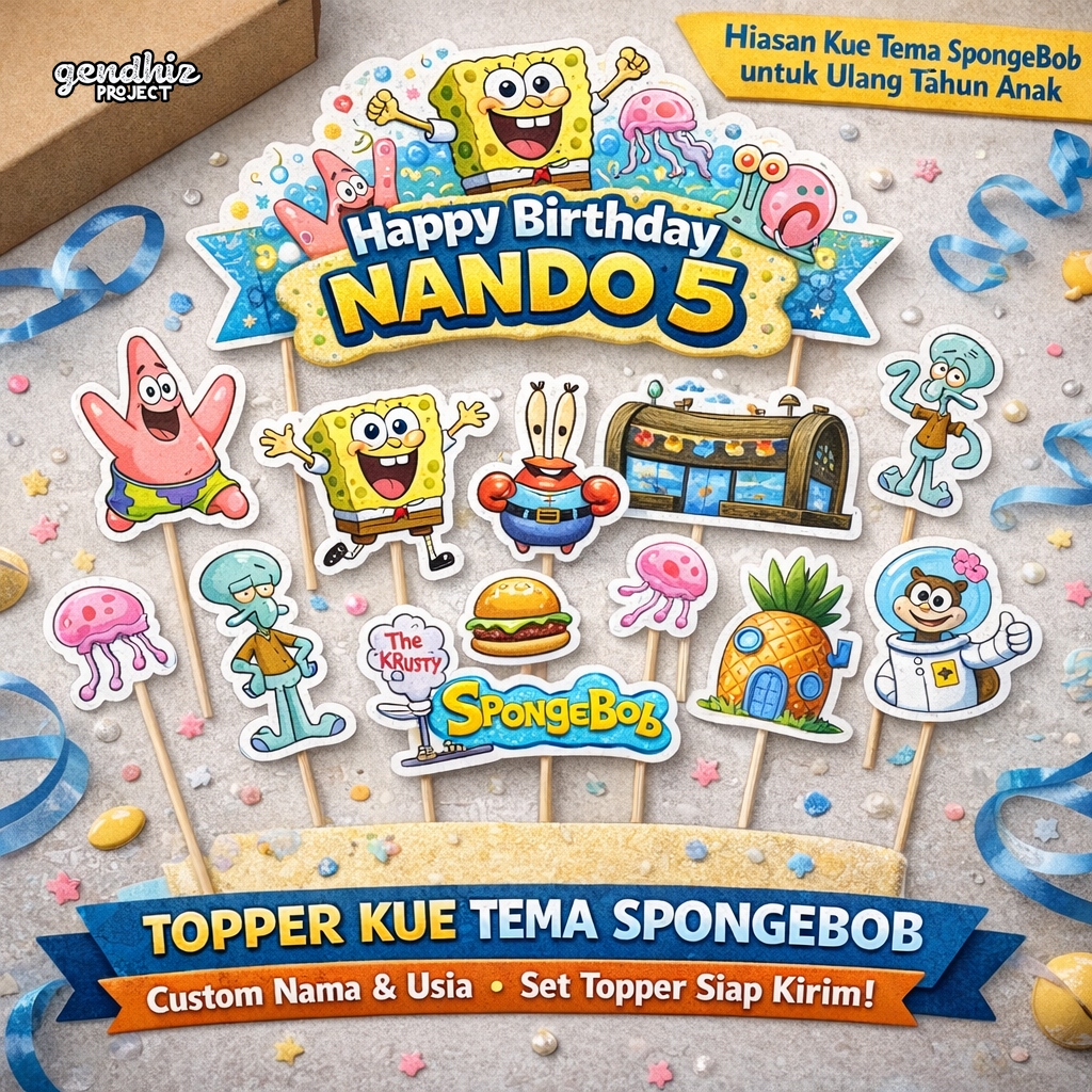 Topper Kue Ulang Tahun Anak Tema SpongeBob Custom Nama & Usia – Cake Topper Birthday Anak Karakter K
