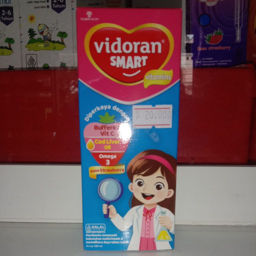 Sirup Vitamin Anak Vidoran Smart Rasa Strawberry 100 ml - Nutrisi Otak, DHA, Vitamin B Kompleks