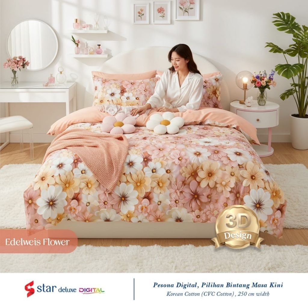 Bahan Kain Sprei Star - Edelweis Flower - New Digital Printing