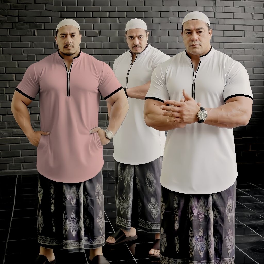 BAJU KOKO JURTA LENGAN PENDEKMBINASI HITAM MODEL RESLETING DEPAN