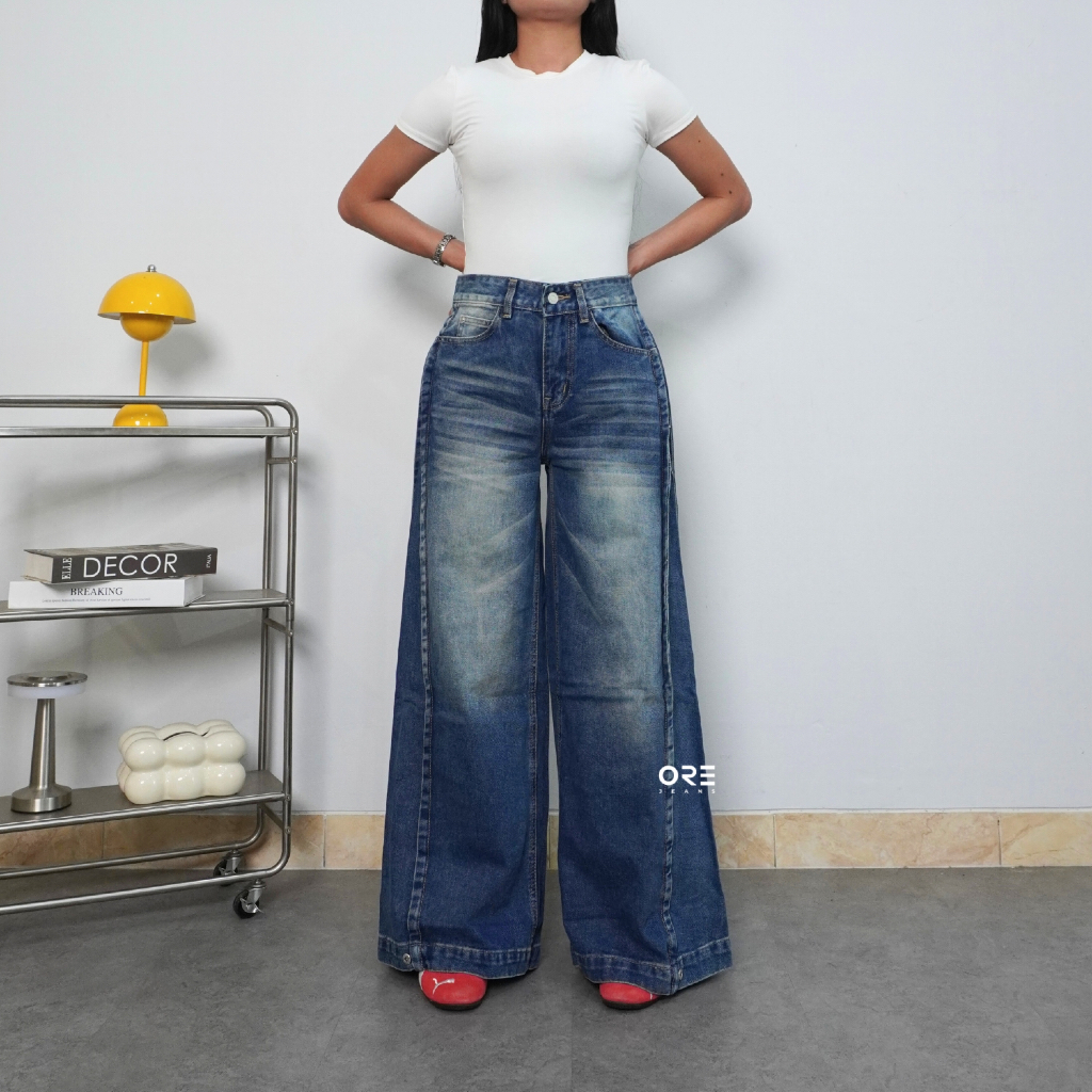 ORE - Needa Kulot Barrel Pants Jeans Celana Wanita With Buttons Click Changed Kekinian Terbaru
