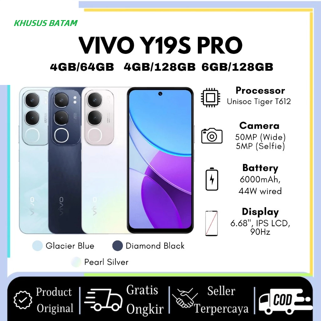 VIVO Y19s Pro 4GB 64GB 6000mAh + 44W FlashCharge, IP64, Dual Stereo Speaker, 50MP Kamera Utama GARAN