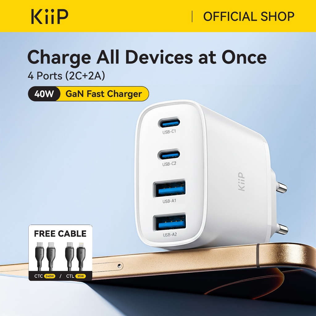 KiiP G40W Charger Adaptor GaN 40W 4-Port PD Fast Charging