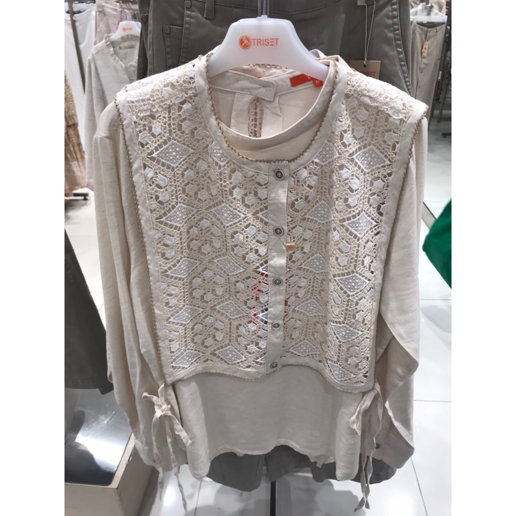 Triset casual kemeja blouse set rompi wanita cream S-XL