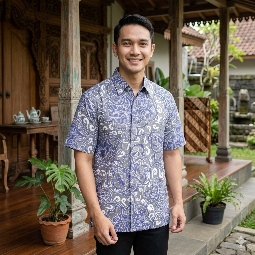 BLUE SKY Hem batik pria bahan katun lengan pendek