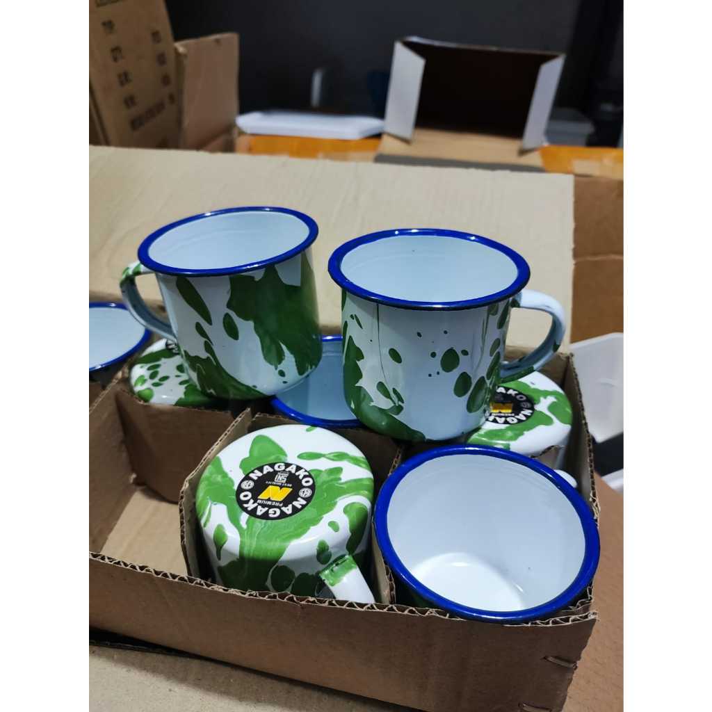 Souvenir Pernikahan Gelas Enamel Blurik 7cm Cangkir Kopi Mug Gagang Kaleng Loreng Tumbler Minum Teh
