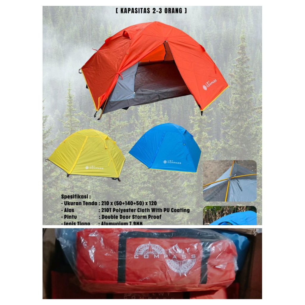 Tenda Camping Dome Double Layer LWY COMPASS kapasitas 2/3 Frame Alumunium Alloy