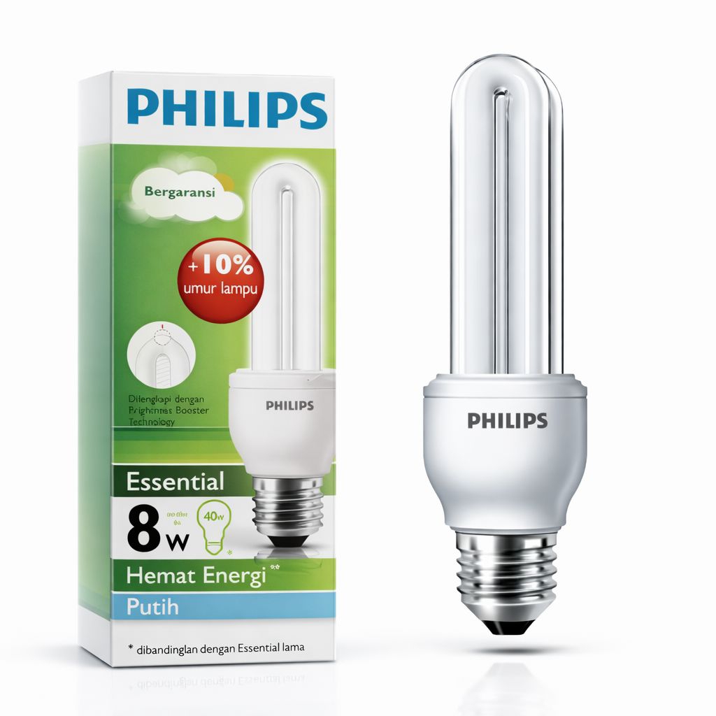 Lampu Philips 8 Watt Original Essential Jari CDL Cahaya Putih E27 - Lampu Rumah Hemat Energi Awet Te