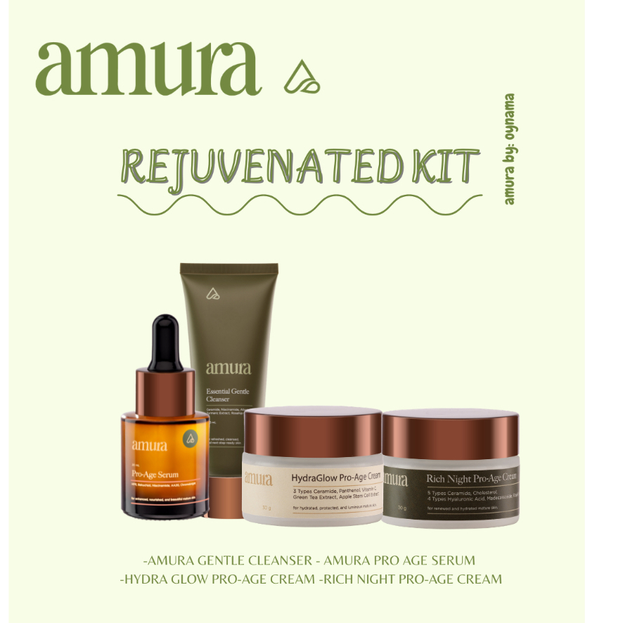 Amura Rejuvenated Kit Skincare - Amura Gentle Cleanser, Pro Age Serum, Hydra Glow Pro Age Cream, Ric