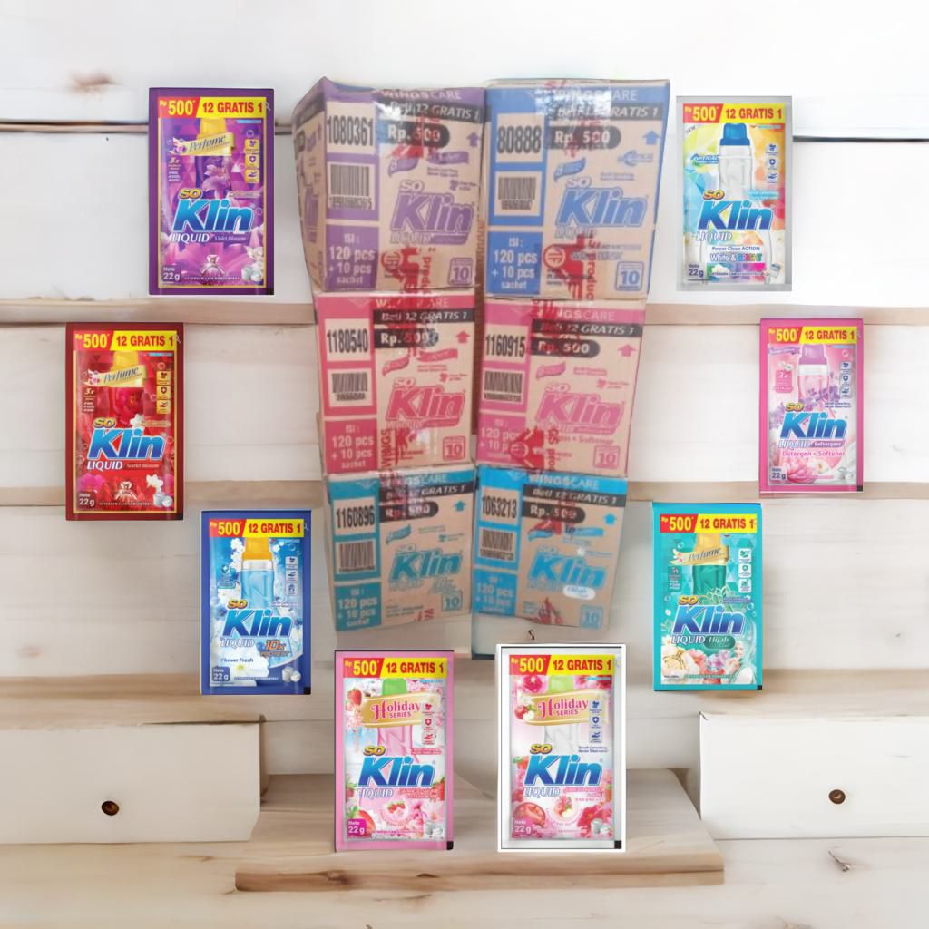 1 dus  So Klin liquid kemasan 22 ml eceran Rp 500 isi 120 + 10 sachet sOKLIN 12+1