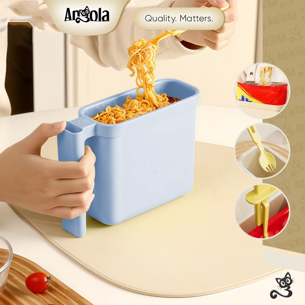 ANGOLA Mangkuk Seduh Mie Instant Praktis L09 Wadah Tempat Seduh Mie Instan Anti Panas Sendok Garpu