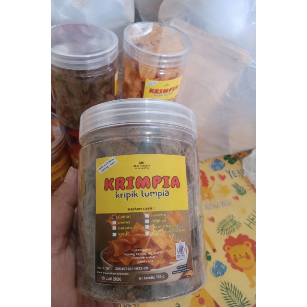 krimpia ( kripik lumpia) toples 650ml rasa coklat, balado, pedas, keju, jagung bakar, pedas rumput l
