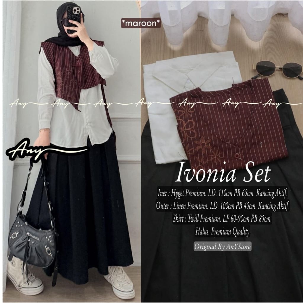 IVONIA DESIA SET ORIGINAL BY ANY STORE oneset setelan inner dress polos dan outer vest stripe bordir