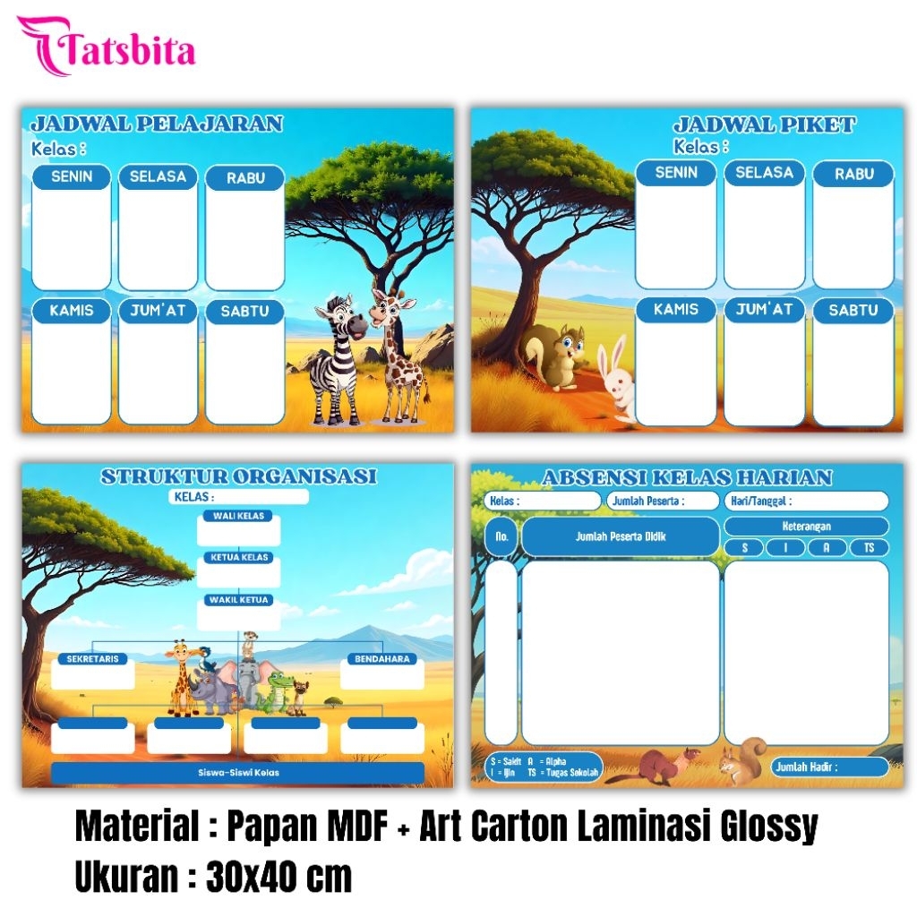 TATSBITA Pajangan Hiasan Dinding Dekorasi Wall Decor Tema Binatang Jadwal Pelajaran, Jadwal Piket, S