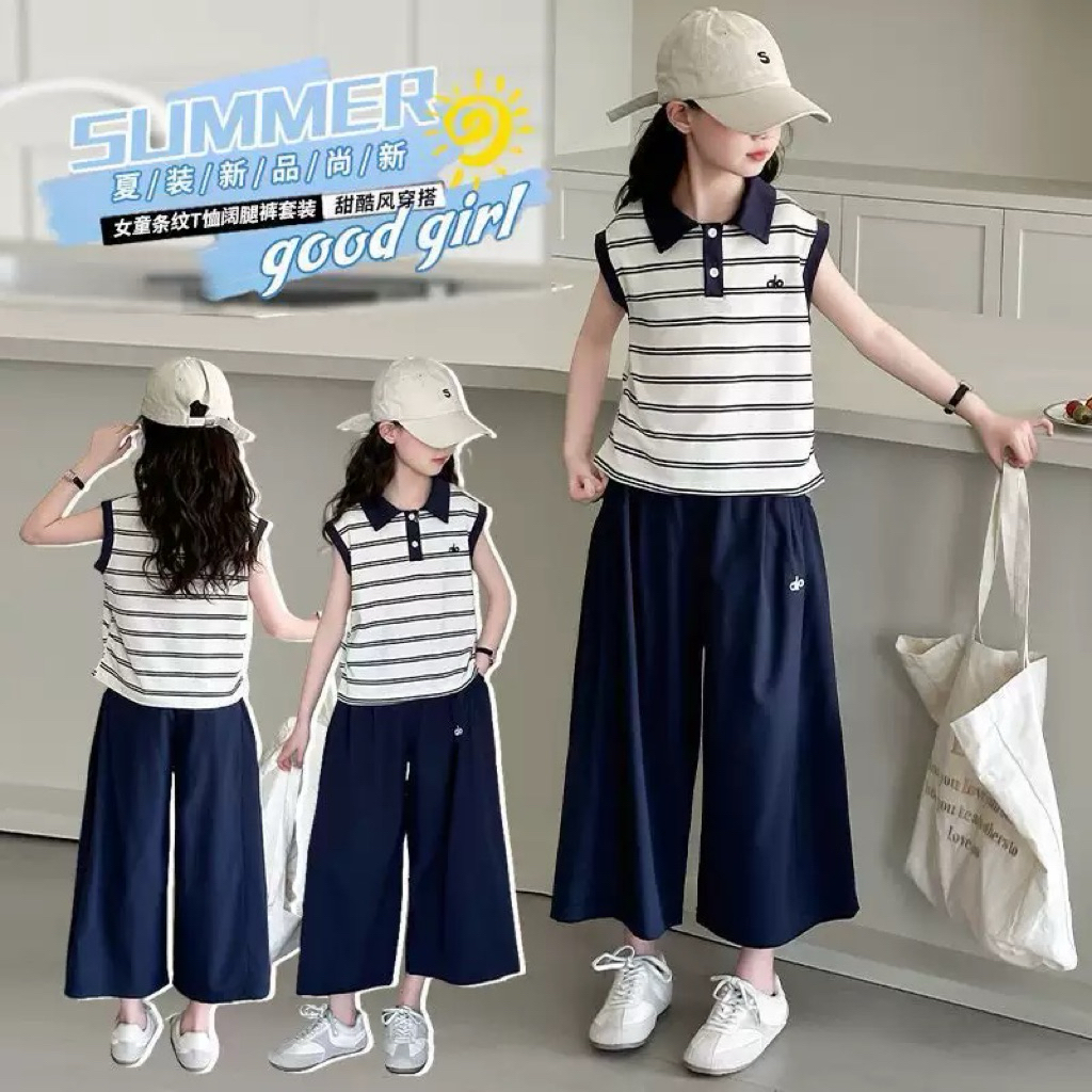 Setelan Celana Kulot dan Baju Belang/Baju Anak Setelan Kulot/Baju Polo belang dan Kulot Navy/Baju An