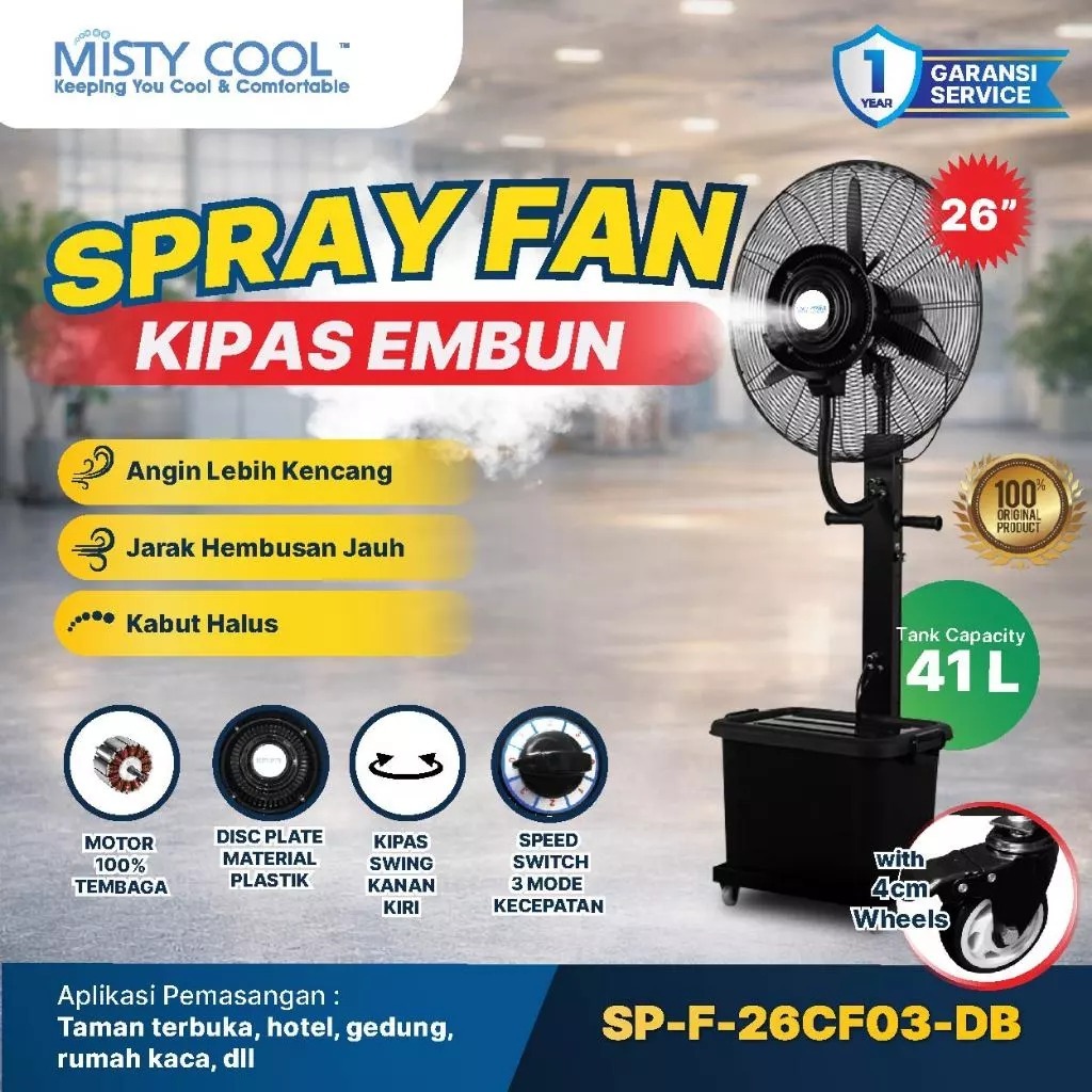 MISTY COOL Spray Fan 26 Inch Hitam Kipas Embun Kabut Kipas Uap Pendingin Outdoor Indoor Misty Fan