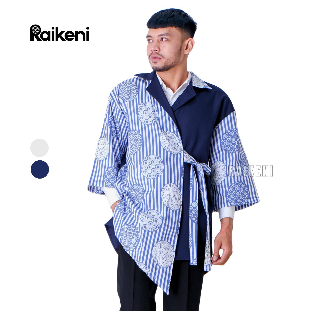 RAIKENI Kimono Designer | Kimono Tradisional Indonesia | Outer Pria Etnik | Outerwear Batik Biru | C