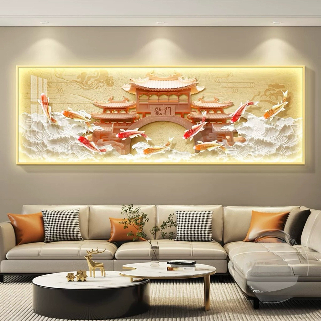 KOKOPAINTING Lukisan Porcelain Diamond 5D Kristal LED Panjang Horizontal Motif Gerbang Naga Ikan Koi