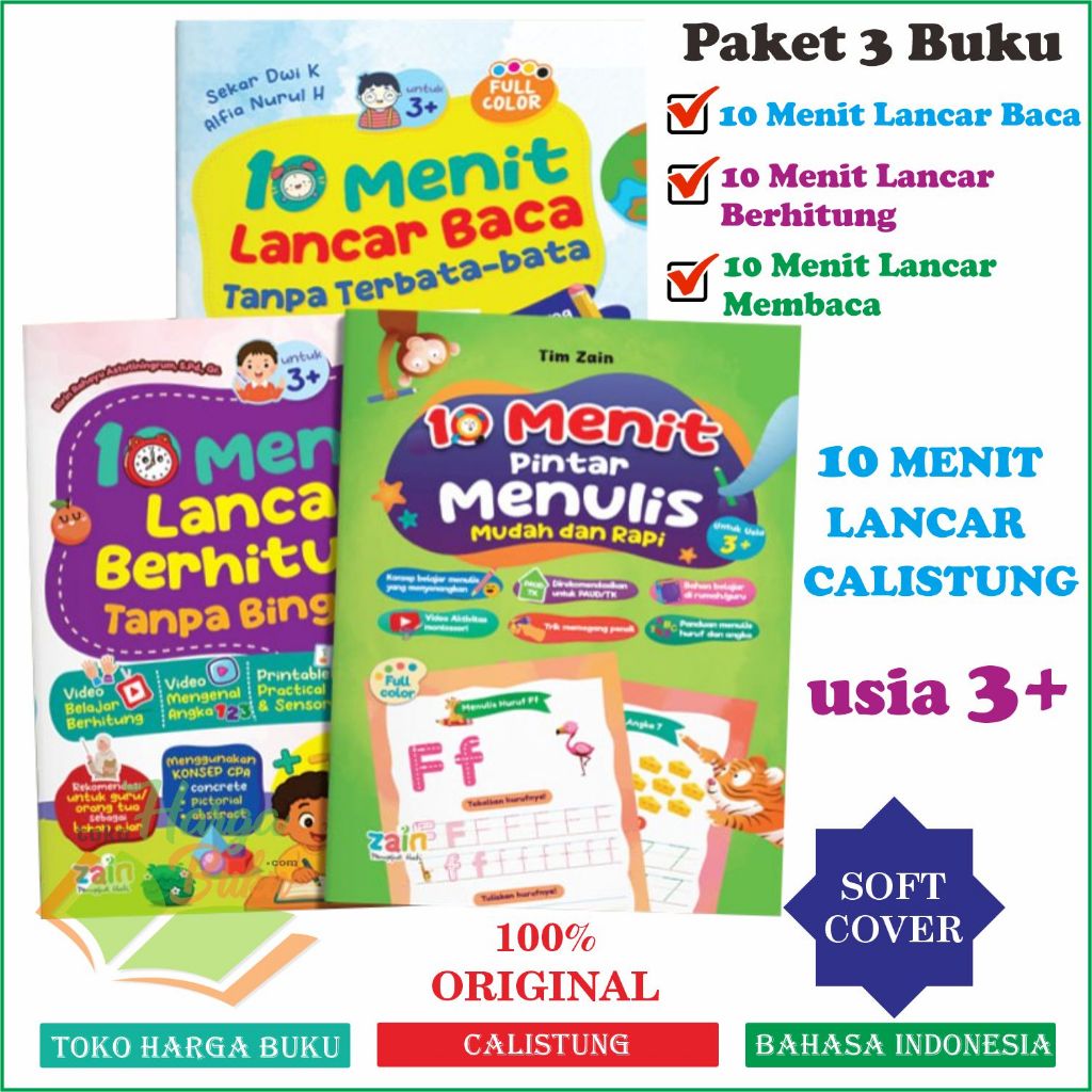 Paket 3 Buku 10 Menit Lancar Calistung Pintar Membaca Menulis Menghitung Usia 3+ Anak FULL COLOR Latihan Streching Aqwam - ZAIN